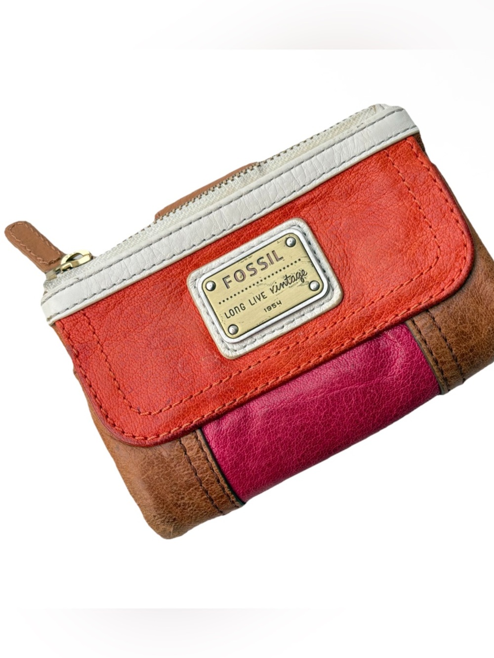 Fossil Wallet Long Live Vintage Leather Pink Orange Multicolour